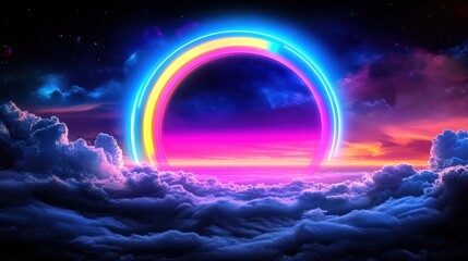 Futuristic Retro Party Aesthetic abstract neon triangles and zigzags floating over a vaporwave planet.