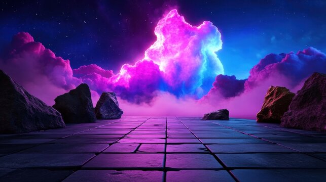 Sci-Fi Retro Techno Grid pulsating pink and purple abstract geometric patterns over a futuristic wireframe floor.