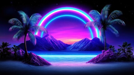 Palm trees and sunset on the beach in 90s style on weekend retro sci fi vibes