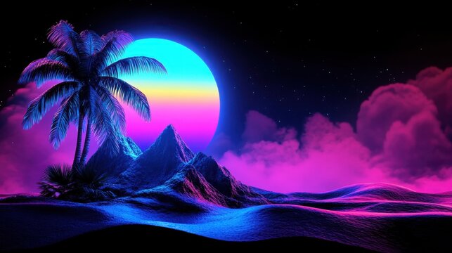 Palm trees and sunset in 90s style on weekend retro sci fi vibe