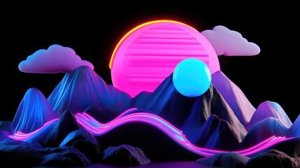 Retro Futuristic Sci-Fi Vibes bold shapes floating over a glowing pink and purple neon planet.