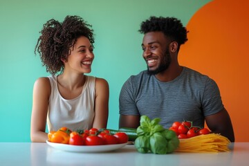 A happy couple sits at a table with fresh vegetables and pasta, ready to cook a delicious meal together.