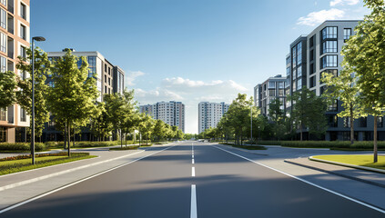 Obraz premium A straight road leading to modern apartment buildings with trees on both sides, a real estate exterior design