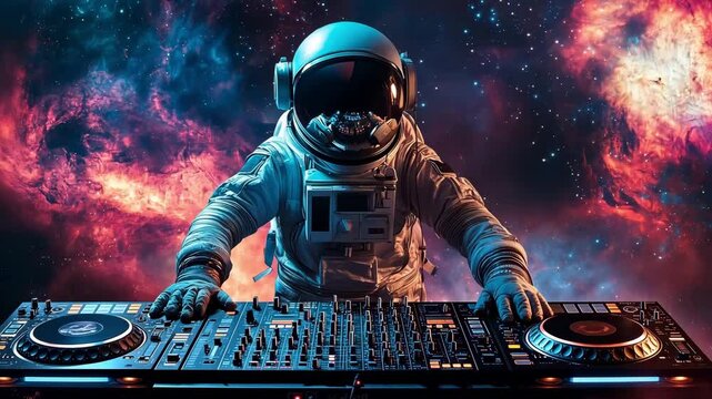 An astronaut dj performs music mixing in space surrounded by colorful cosmic elements and bright nebulae, showcasing an otherworldly atmosphere