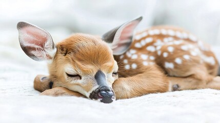 Sleeping fawn resting on soft surface