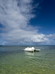 Vertical photo of a white catamaran bobbing on the clear waters of the Indian Ocean in the water