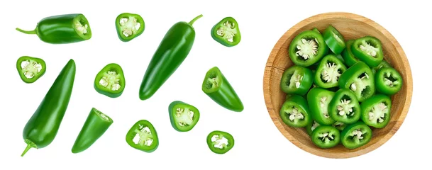 Gardinen Chilischoten jalapeno peppers in wooden bowl isolated on white background. Green chili pepper . Top view. Flat lay  © kolesnikovserg