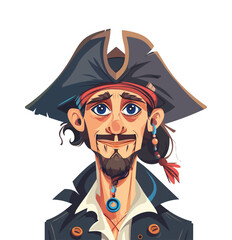 Cartoon pirate character with a black tricorn hat, red bandana, and confident smile. Features a beard, gold earrings, and a pirate coat, perfect for adventure and fantasy themes.