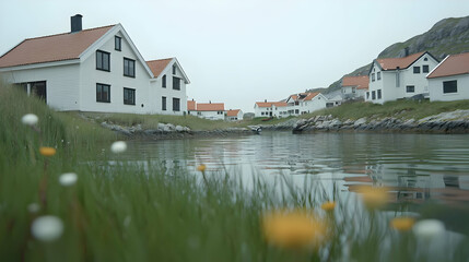 Obraz premium Coastal village houses, tranquil waterway, grassy foreground, overcast sky, idyllic scenery, travel brochure