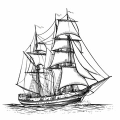 Hand-drawn vintage sailboat with full sails sailing on the sea, vector illustration in an engraving style