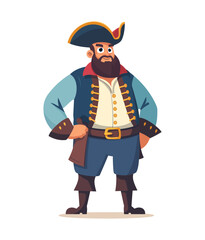 vector illustration of a pirate character in a black tricorn hat, rugged beard, and detailed pirate coat. Confident stance, belt with buckle, and classic pirate look. Perfect for adventure themes.
