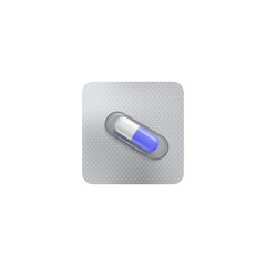 Single pill blister pack 3D vector icon, realistic metallic package for blue and white capsule medicine drug mock up