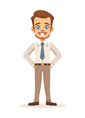 Cheerful cartoon businessman with a confident smile, brown pants, white shirt, and blue tie. Hands on hips in a professional pose. Ideal for corporate, office, and business themes.