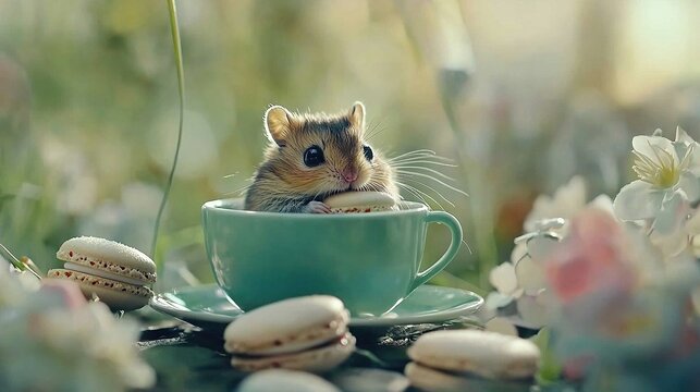   A hamster sits in a teacup with flowers surrounding it and macaronis scattered on the floor