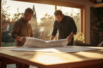 Two architects review blueprints, collaborating on a design project in a sunlit room.