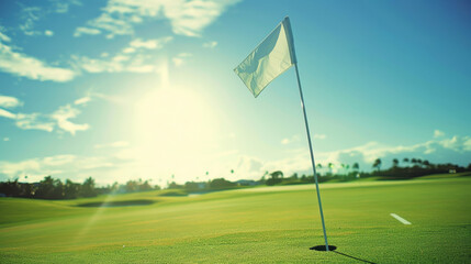 Obraz premium golf flag stands near hole on sunny day, surrounded by lush green grass and clear blue sky, creating serene and inviting atmosphere for golfers