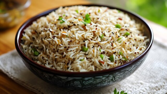 Flavorful rice dish made cumin coriander and other spices typically served as a side dish to complement Indian curries and stews