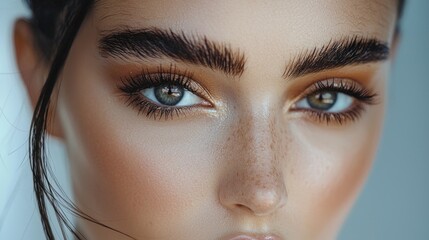 Naklejka premium A skilled makeup artist showcases long-lasting techniques, emphasizing bold brows and radiant skin. The model’s striking features reflect creativity and precision in a contemporary setting