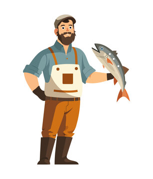 Smiling fisherman in waders proudly holding a large fresh fish. Great for angling sport, seafood industry, river and lake recreation, outdoor adventure, aquaculture, markets, and coastal livelihood