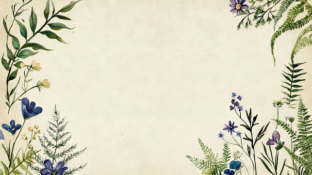   Blue Flowers and Green Leaves on White Background with Name Placement