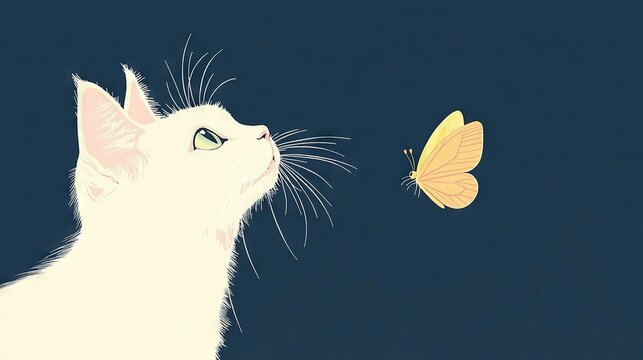   A white cat with a yellow butterfly on its nose, examining a yellow butterfly against a black backdrop