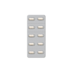 Blister of oblong pills. Realistic vector illustration of medicine packaging.