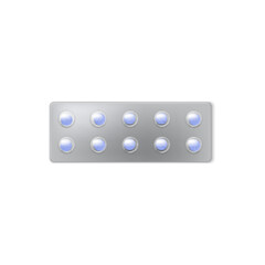 Pills blister pack 3D vector icon, realistic transparent package containing round blue tablets, medicine drugs mock up