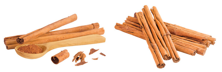Cinnamon sticks with powder in wooden spoon isolated on white background with full depth of field