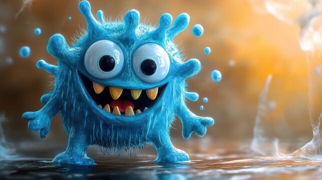Fantasy illustration of blue virus character with happy face