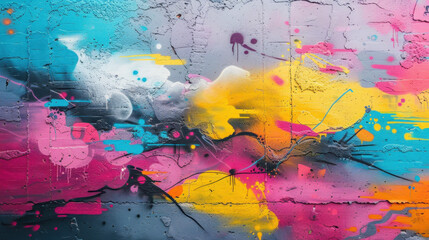 Vibrant street art mural featuring abstract faces in blue, pink, yellow, and gray tones, showcasing dynamic splashes of color and expressive brush strokes