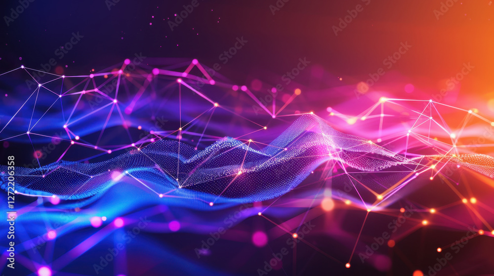 Poster digital abstract background with colorful waves and glowing nodes