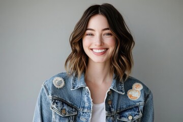 A young woman with a bright smile, wearing a denim jacket with patches, against a gray background.