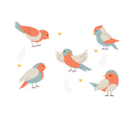 A cute set of pastel-colored birds with soft tones of orange, blue, and beige. Decorative minimalist style with small hearts and leaves. Perfect for nursery designs, prints, and stationery.
