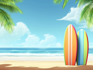 Colorful surfboards on a sunny beach with palm trees and ocean waves in the background