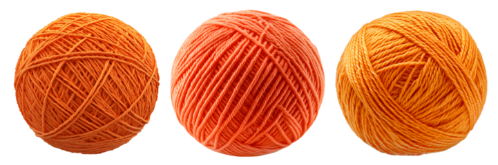 Set of orange yarn balls isolated on a transparent background. Three knitting wool skeins in different shades of orange, neatly wound and arranged for crafting and sewing projects.
