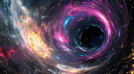 Obraz premium mesmerizing cosmic scene featuring swirling black hole surrounded by vibrant galaxies and colorful nebulae, evoking sense of wonder and mystery in universe