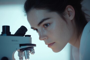 A young female scientist intently examines a sample through a high-powered microscope, engrossed in her research.