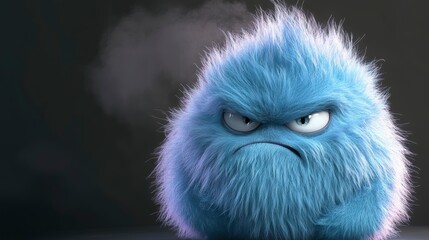 Fluffy blue creature with angry expression