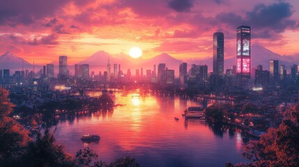Fototapeta premium Sunrise over futuristic city skyline reflected in river