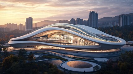 Modern architecture sunrise city park