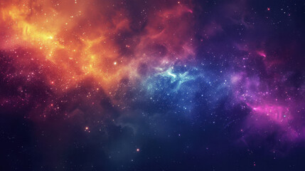 Naklejka premium Vibrant cosmic nebula with swirling colors of orange, purple, and blue, filled with stars and celestial elements, creating mesmerizing space scene
