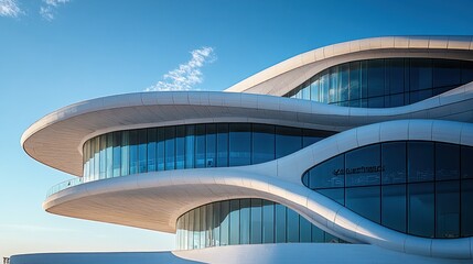 Modern building, curved glass facade, clear sky, daytime, architectural design