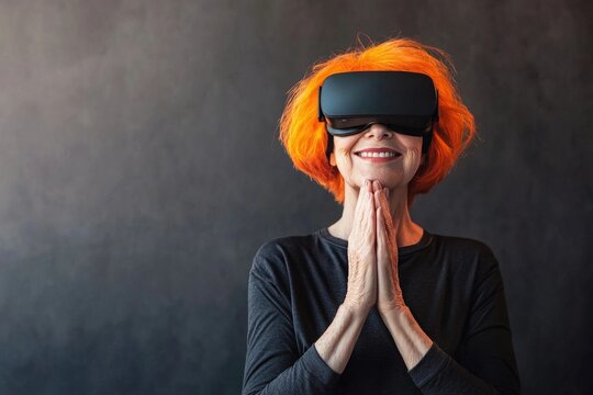 A smiling senior woman with bright orange hair enjoys a virtual reality experience.