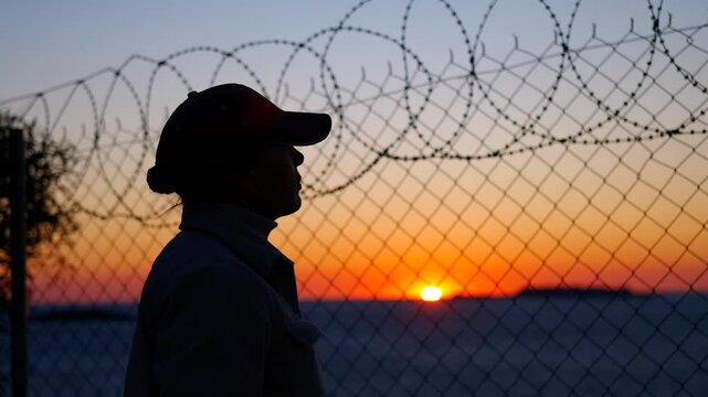 Silhouette of a refugee with barbed wire. A refugee woman sadly looks at the sunset behind the barbed wire.