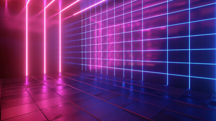 vibrant neon room with pink and blue lights creating grid pattern on walls and floor, evoking futuristic atmosphere