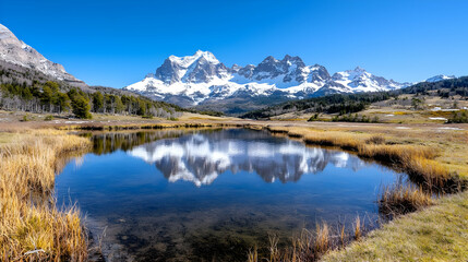 Obraz premium Mountain lake reflection, sunny spring day, Patagonia
