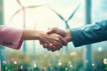 A handshake symbolizes collaboration in renewable energy, signifying a sustainable future powered by wind turbines.