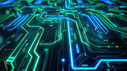 Obraz premium Futuristic circuit board design with glowing lines and patterns, showcasing technology and innovation. vibrant colors create dynamic and modern atmosphere