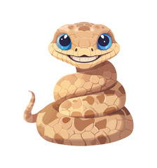 Smiling cartoon snake coiled neatly with bright blue eyes and patterned scales. Kid-friendly reptile mascot for zoo posters, apps, stickers, storybooks, herpetology learning, jungle and wildlife 