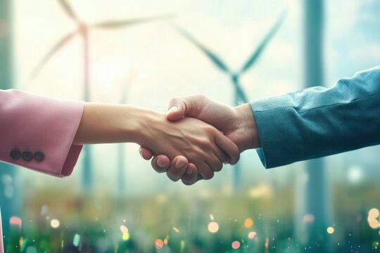 A handshake symbolizes collaboration in renewable energy, signifying a sustainable future powered by wind turbines.